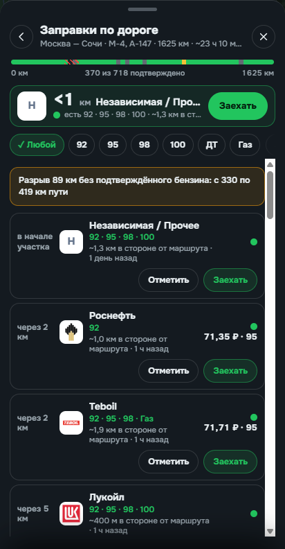 Экран маршрута Москва — Сочи: полоса покрытия с разрывом, ближайшая цель, фильтры марок и список АЗС с ценами